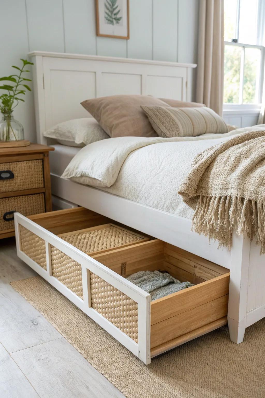 Calm coastal storage: a matching woven-style bin that tucks linens away beautifully.