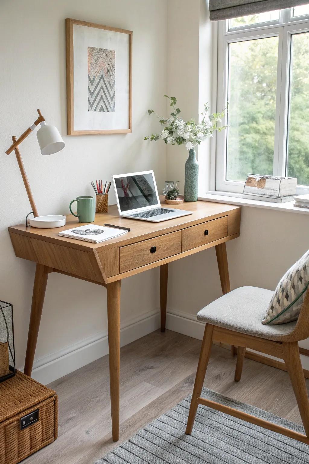 Warm oak corner desk with matching nightstand extension—bedroom work nook, clutter-free.