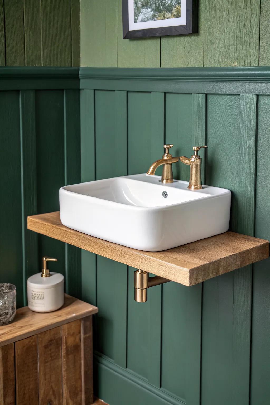 Space-saving Craftsman charm: wall sink with a slim rounded oak shelf beneath, today.