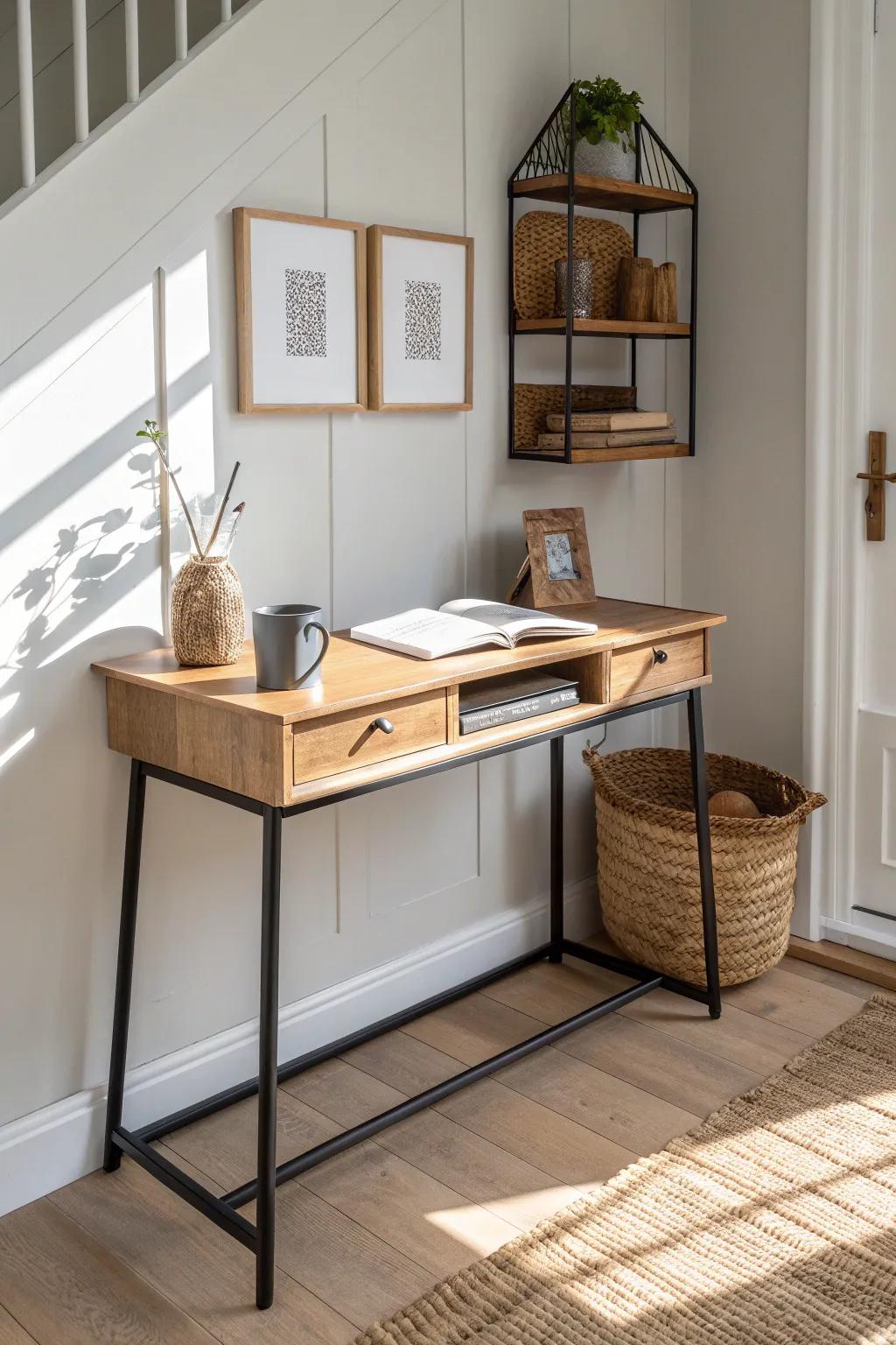 Ultra-narrow hallway desk: slim oak top, wall storage above, big style in minimal space.