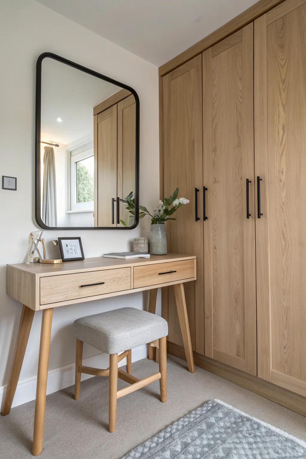 Turn the awkward wardrobe gap into a custom built-in dressing table with a sleek mirror.