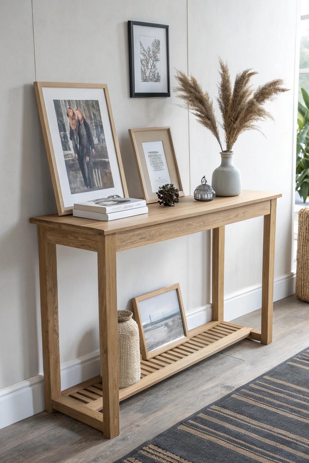 Three mixed wood-and-neutral frames add instant personal charm to a small entry table.