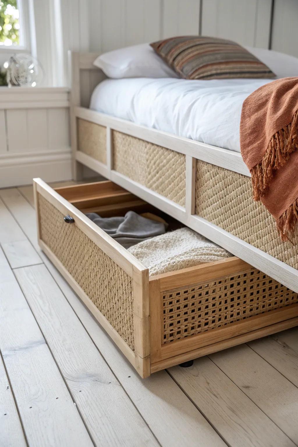 A woven under-bed bin in pale oak turns hidden storage into cozy farmhouse décor.