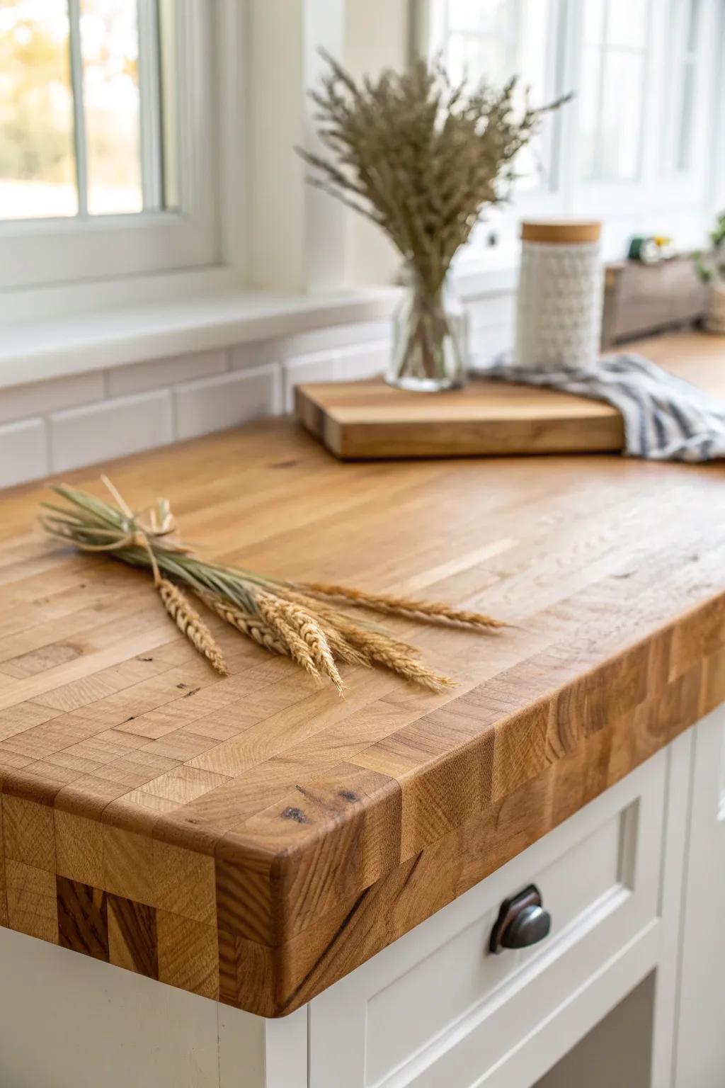 Warm butcher block glow that makes even the smallest farmhouse kitchen feel handmade.