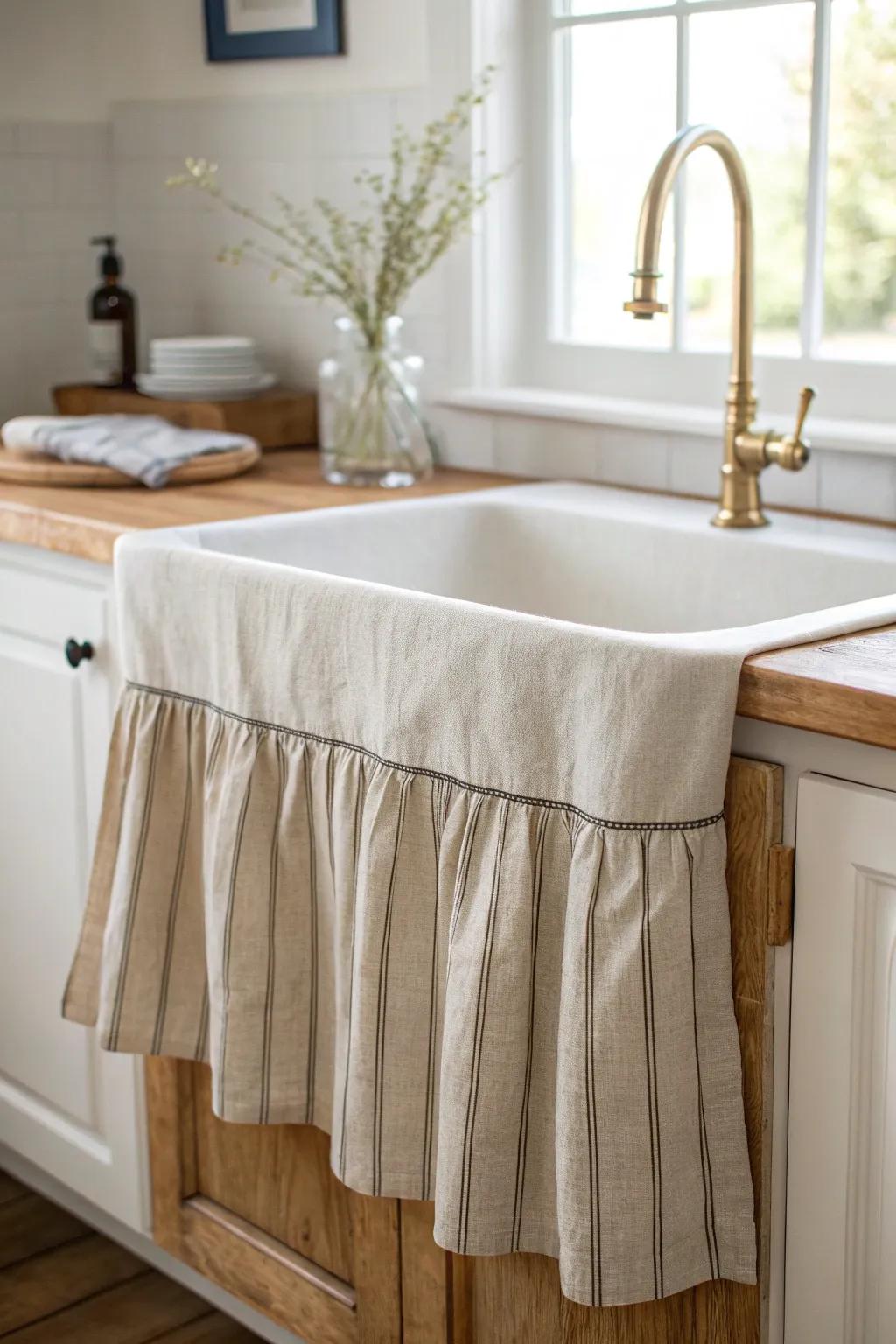 A simple linen sink skirt hides supplies and adds cozy farmhouse charm on a budget.