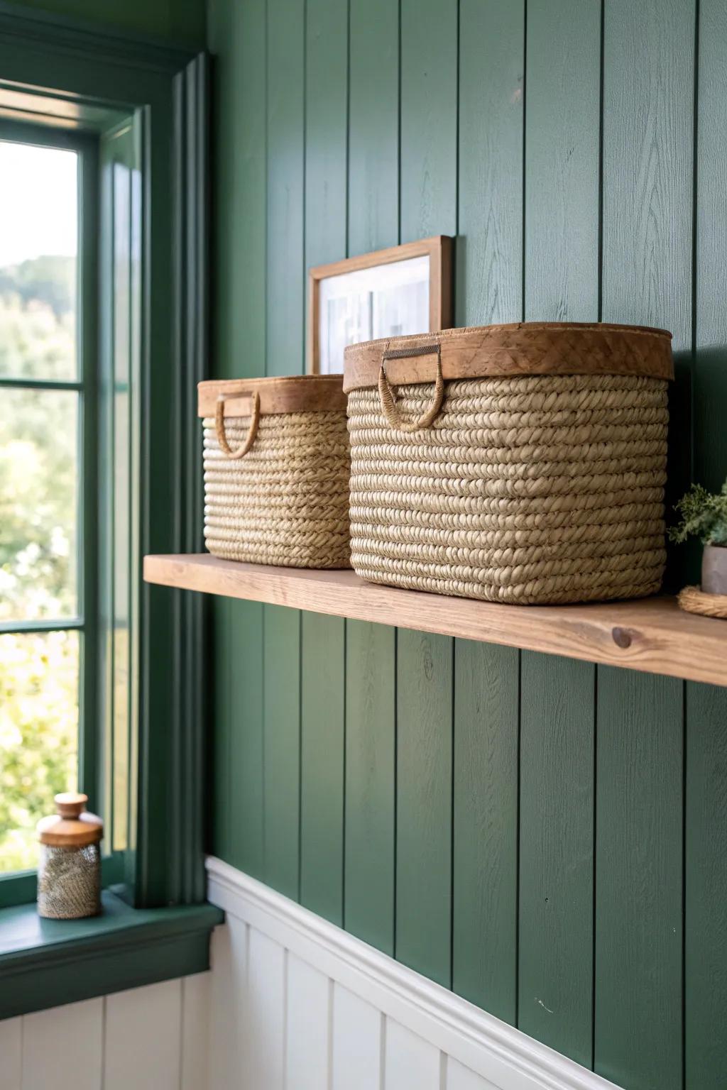 Clean floating shelf + matching woven baskets—farmhouse office storage that stays pretty.