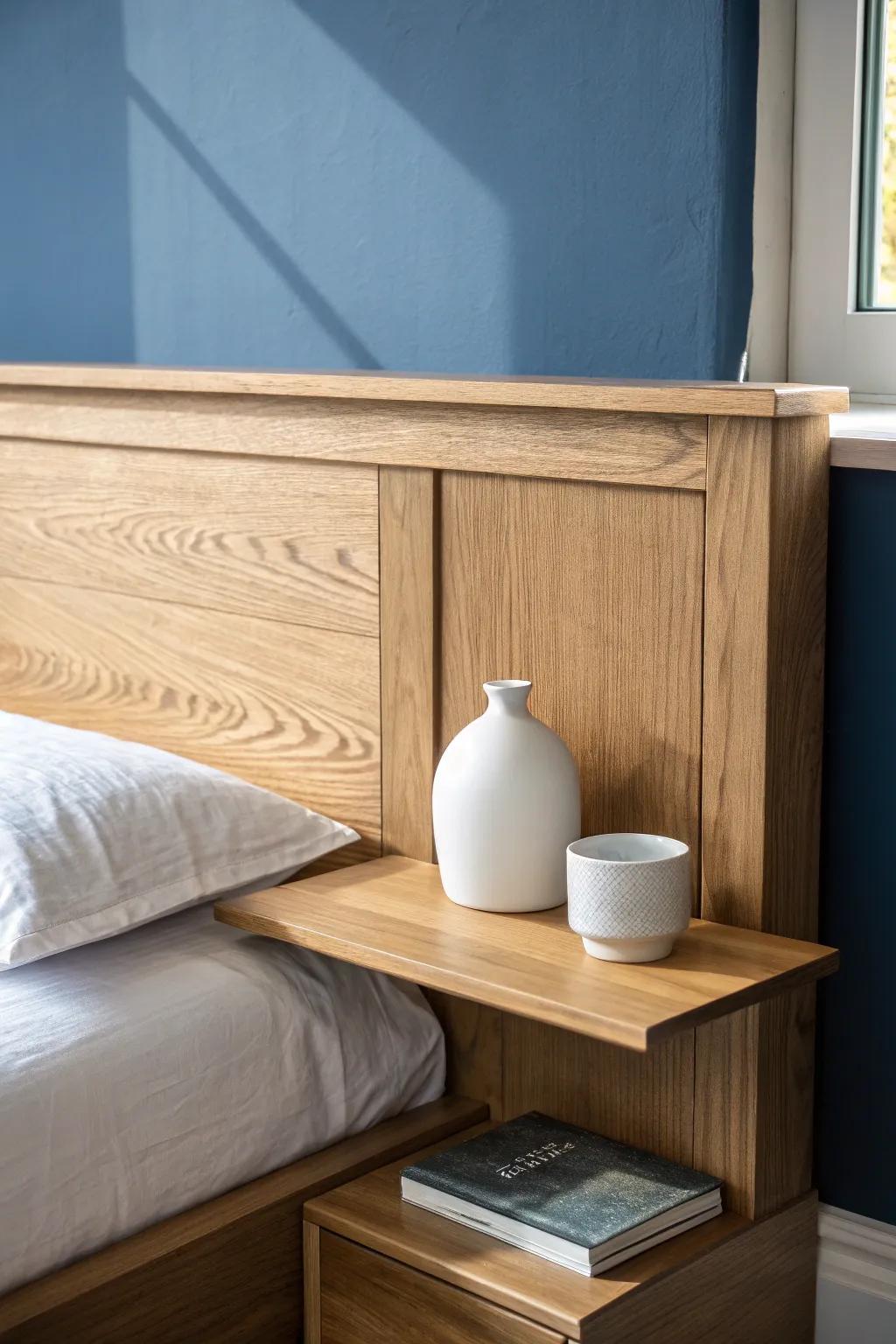 Slim built-in headboard ledge: bedside function without clutter—perfect for tiny Japanese bedrooms.