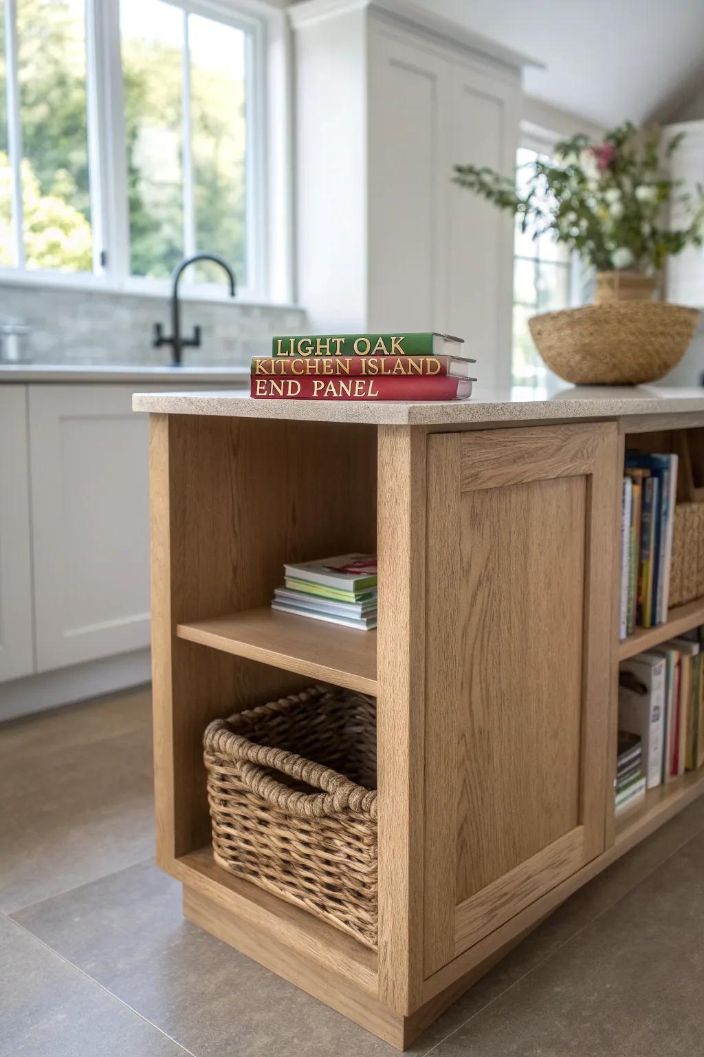 Open end shelving on a small L-shaped kitchen island—pretty storage for cookbooks and baskets.
