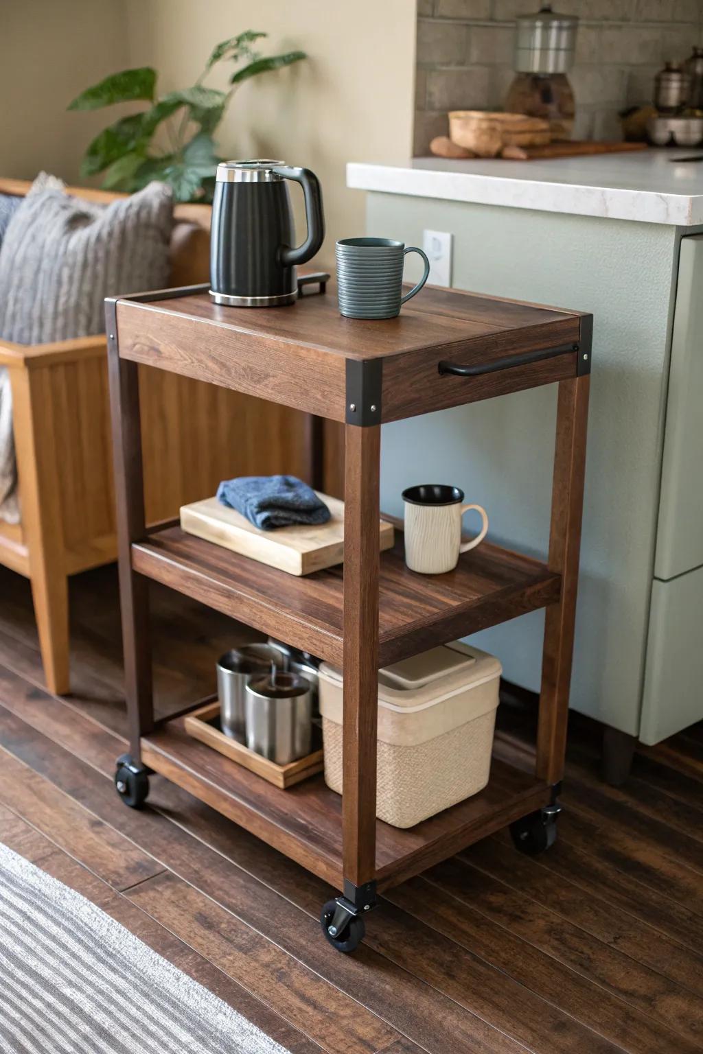 A rolling walnut mini coffee bar cart—compact, handcrafted, and ready to tuck away.