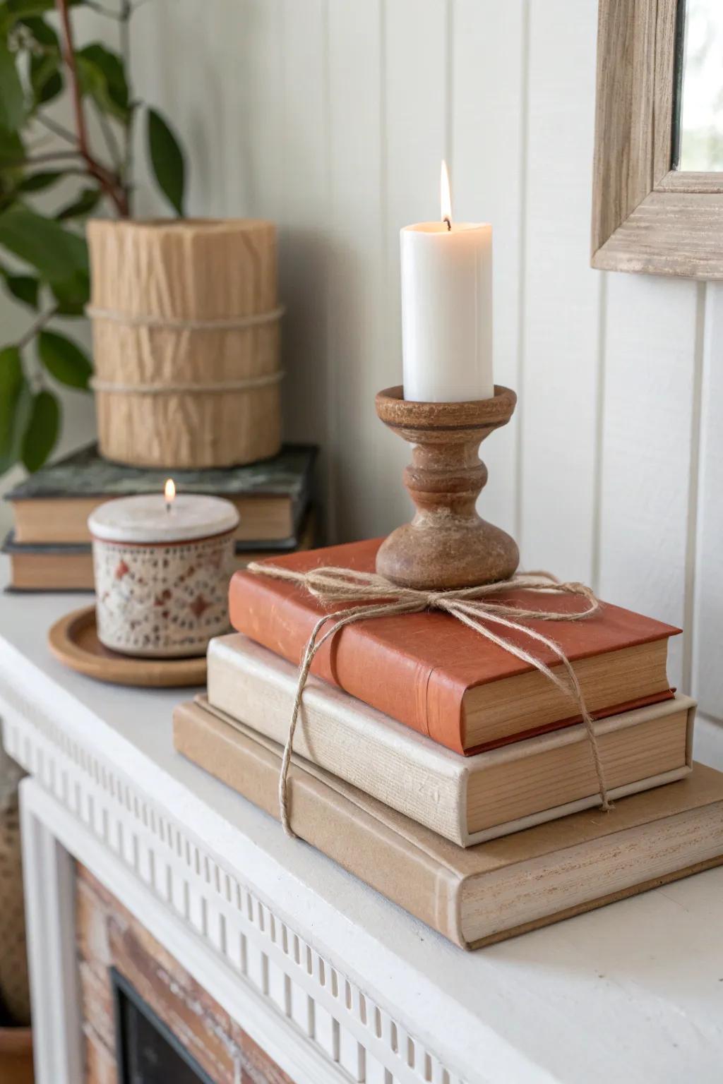 Two kraft-wrapped books lift a terracotta candle—simple, cozy height for a small mantel.