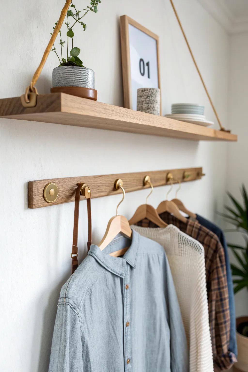 Slim wood shelf + under-rod: the perfect small-shop display for folded goods and hanging pieces.