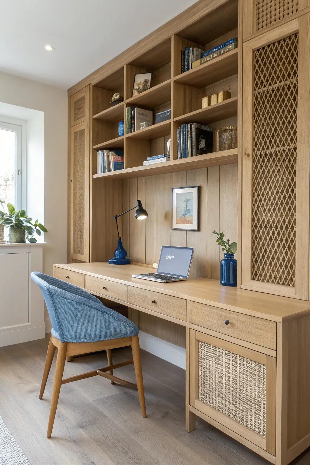 A built-in desk between shelves turns a tiny room into a serene library-office hybrid.