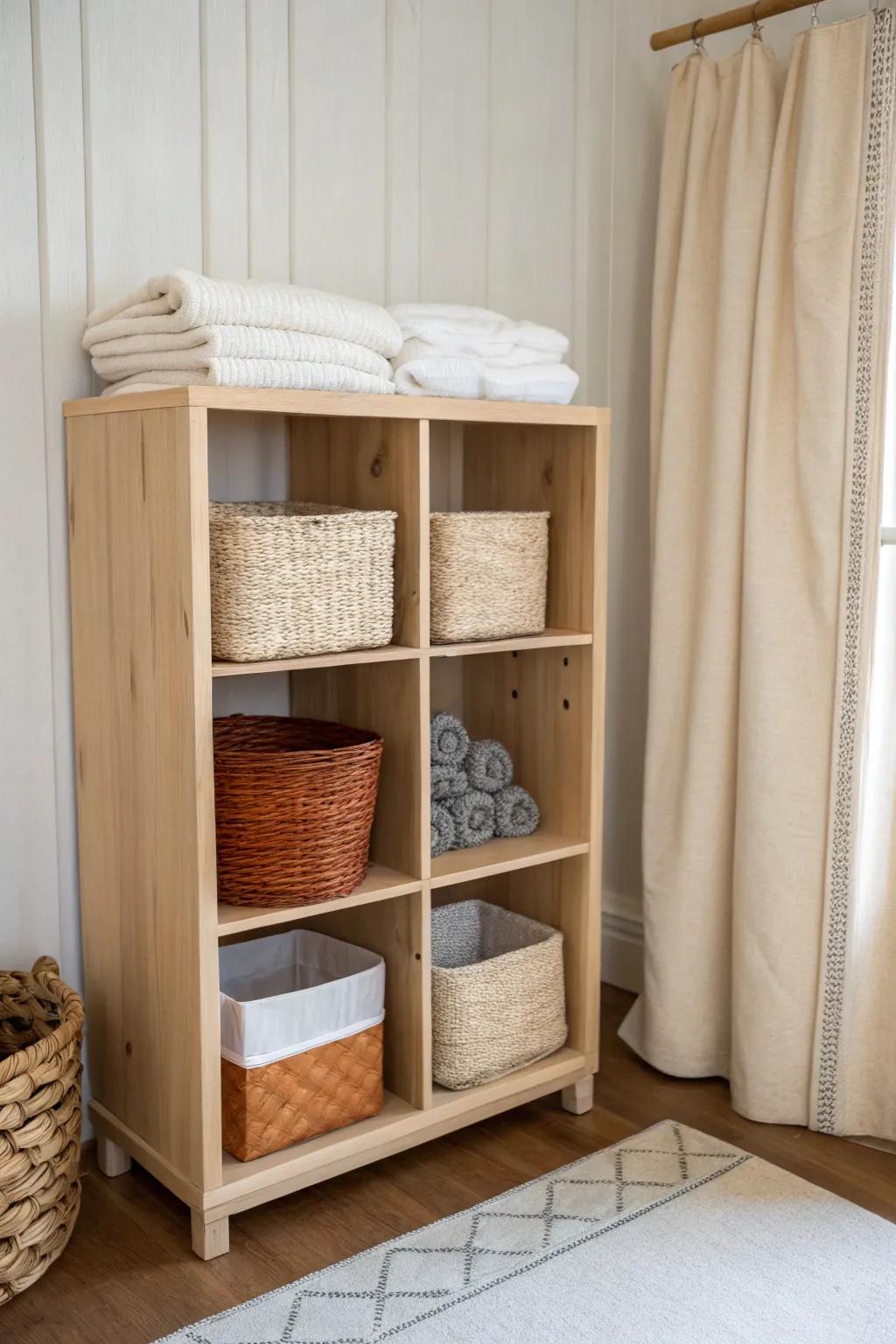 Open wood cubbies + baskets keep a tiny nursery organized—no doors, no wasted swing space.