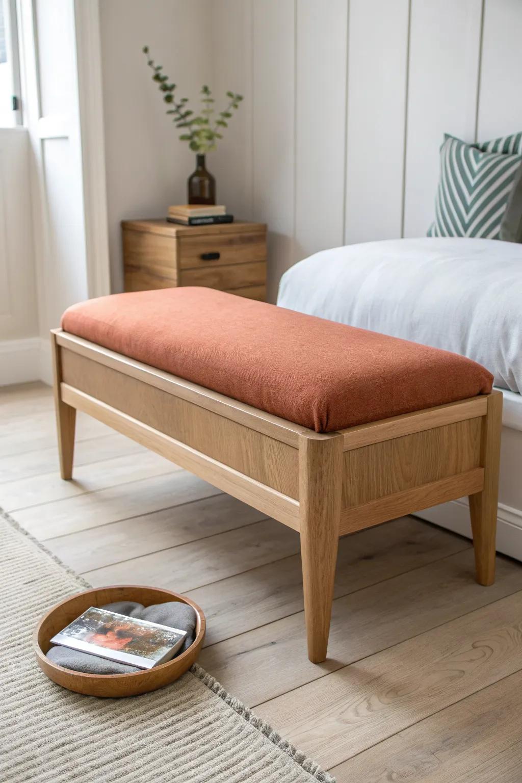 End-of-bed storage bench with a tray-lip top—clean Scandinavian design with a bold boho twist.
