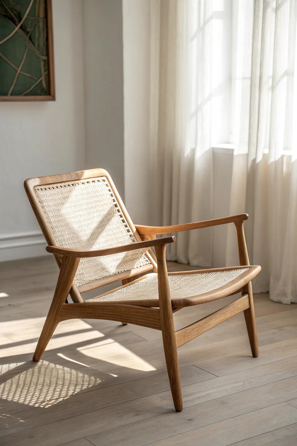 A slim wood-frame chair that feels plush, stays airy, and keeps a small sunroom office open.