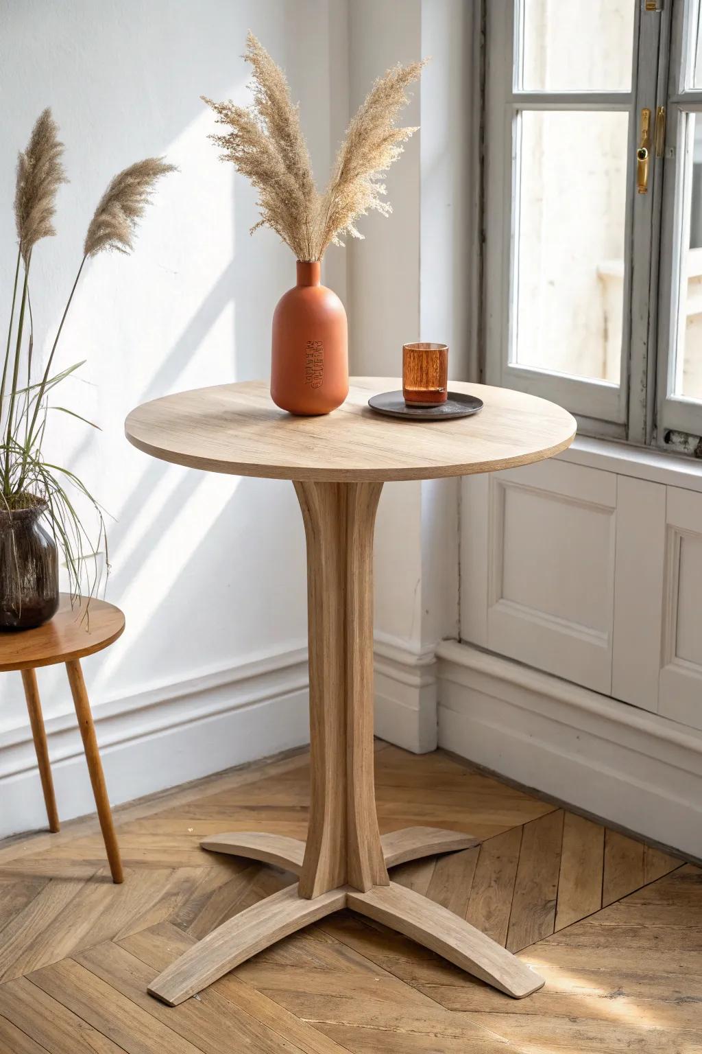 Tiny round pedestal table—max legroom, easy flow, and a cozy, chatty tasting vibe.