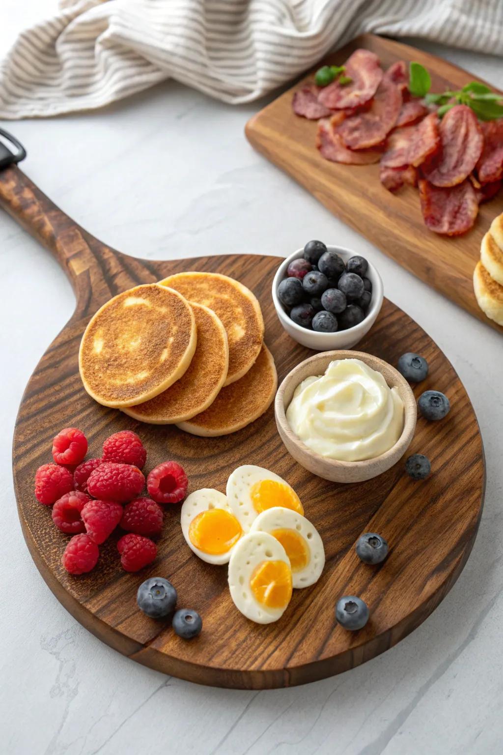 Breakfast-for-dinner spiral snack board: pancakes, berries, eggs & yogurt on warm walnut.