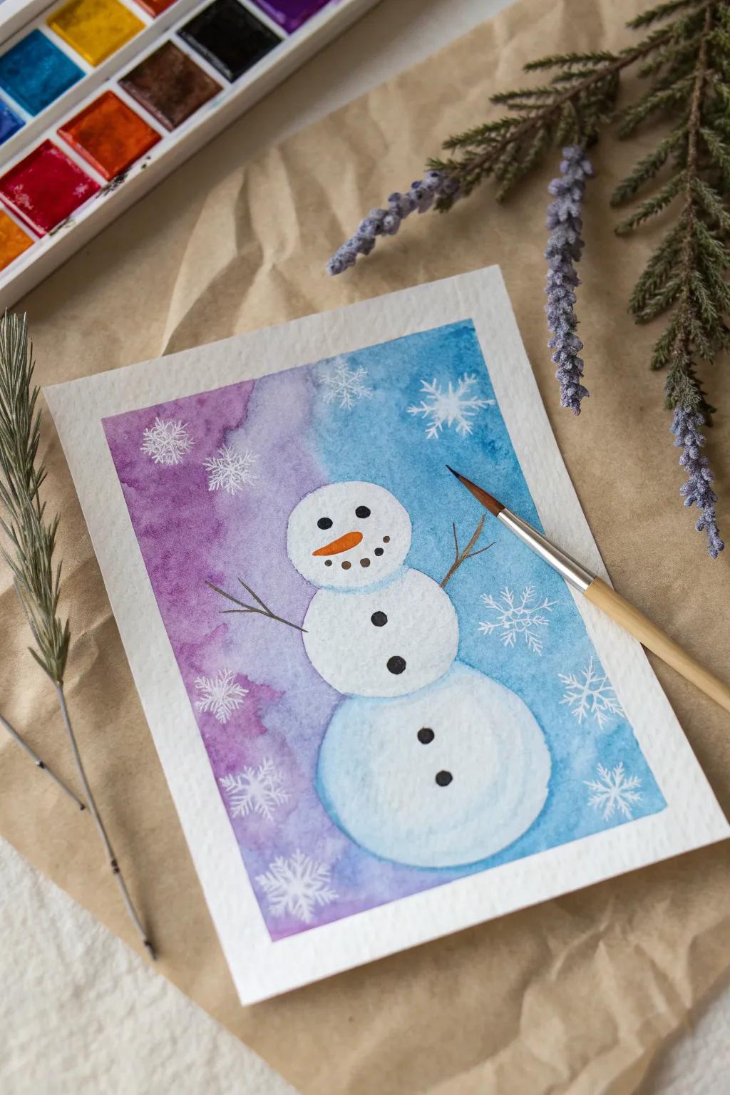 Discover the magic of watercolor resist art with this enchanting snowman silhouette!