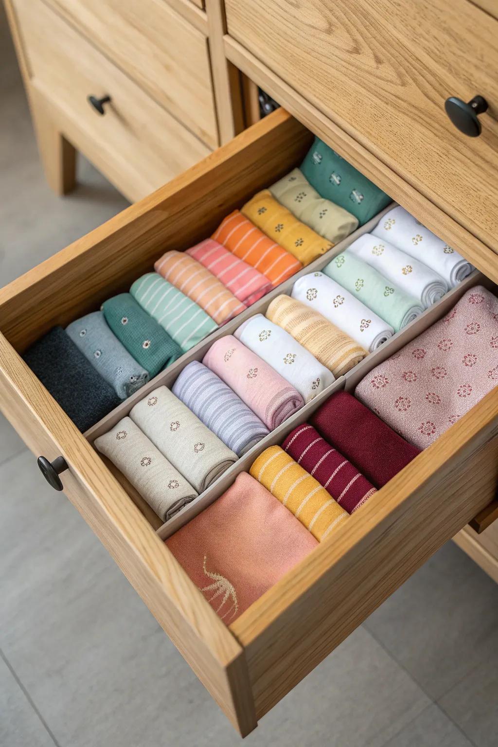 Transform your sock drawer into a rainbow of joy with color coordination.