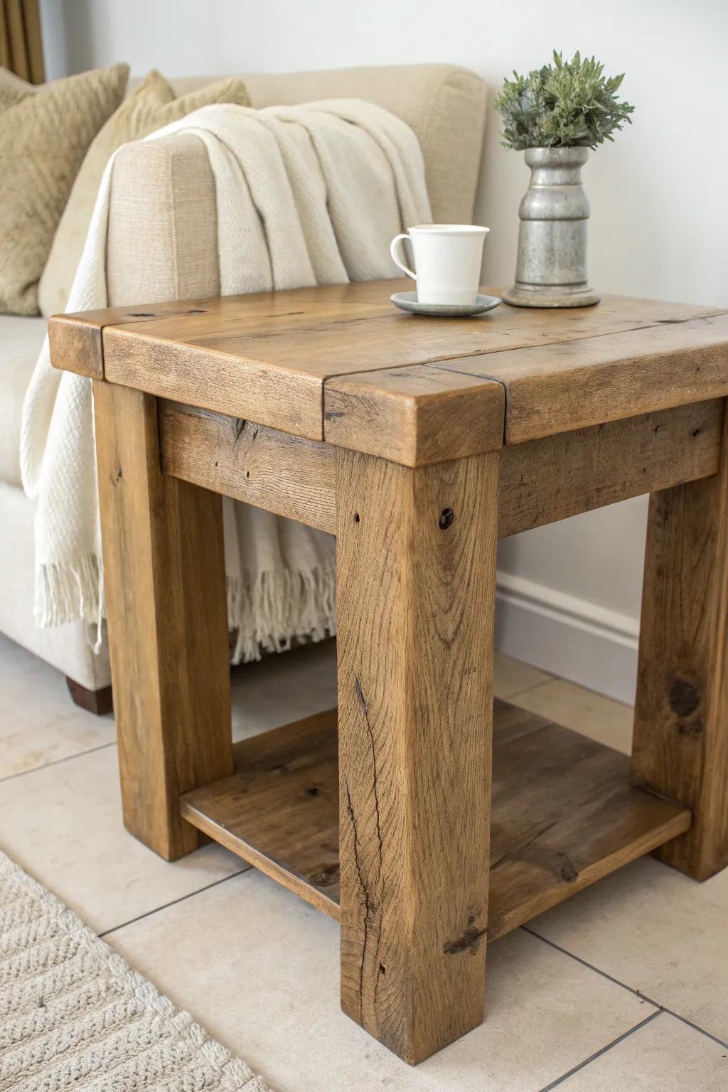 Chunky reclaimed-wood farmhouse side table—bold grain, cozy character, clean minimalist vibe.