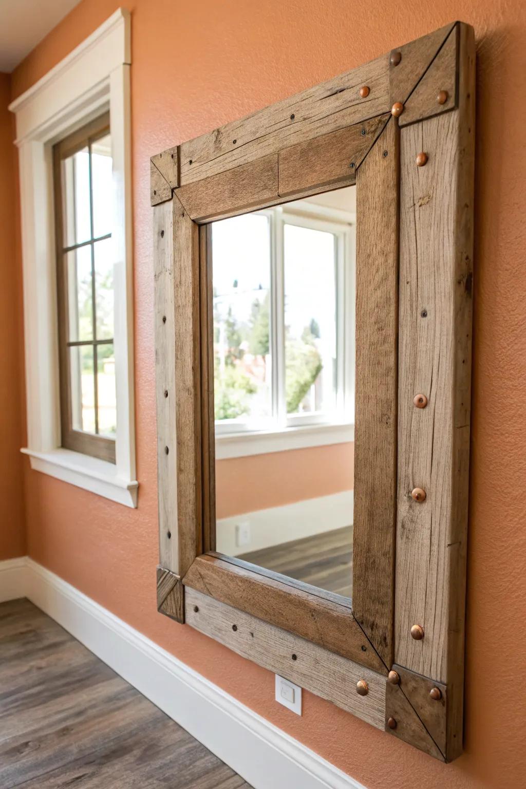 Layered reclaimed-wood mirror with hammered metal corners—bright, bold Southwest warmth.