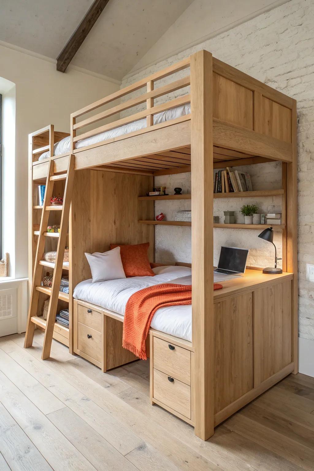 Warm oak loft bed with built‑in desk—tiny room, big function, Scandinavian calm with boho flair.