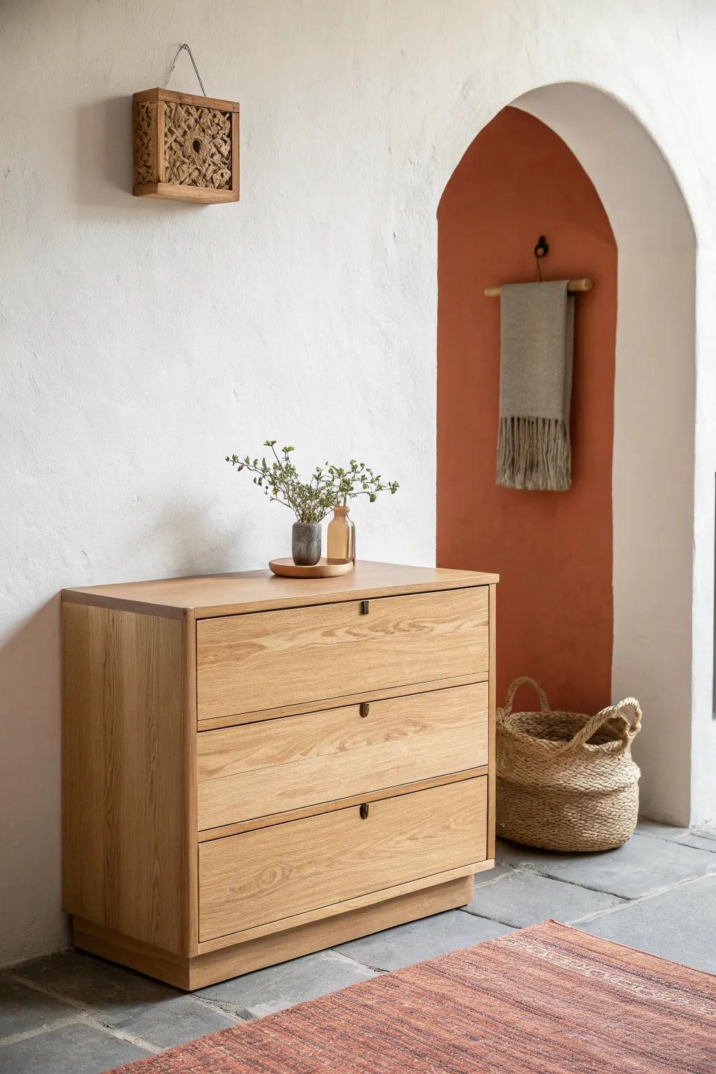 Floating wall-mounted dresser in light oak—space-saving storage with an airy, handcrafted look.