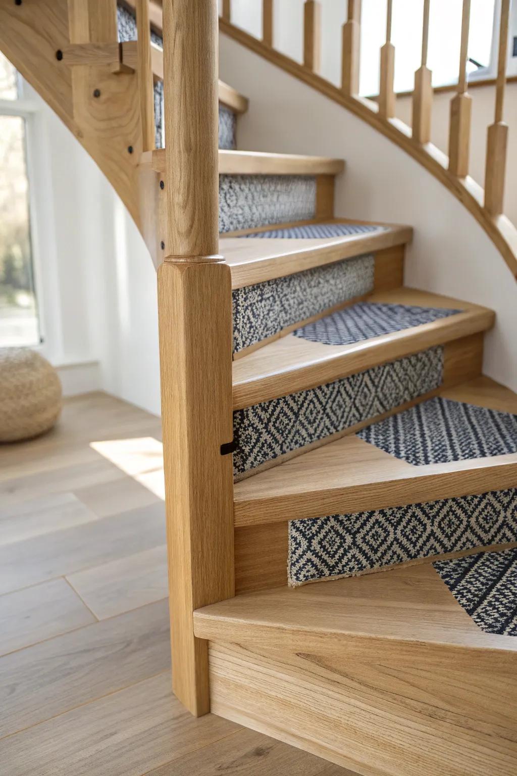 Custom non-slip tread on a spiral step—grip, texture, and a bold pop of color that looks built-in.