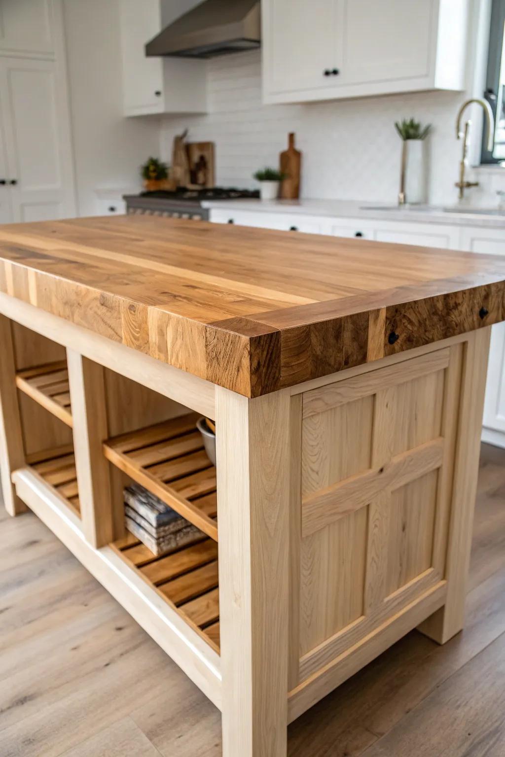 Chunky butcher-block step-up island: cozy split-level function with bold end-grain beauty.