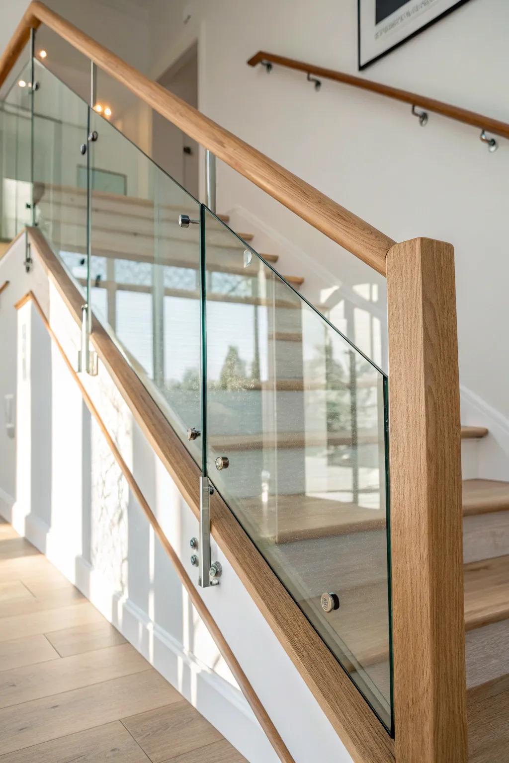 Frameless glass panels topped with a warm oak cap rail—light-filled, sleek, and secure.