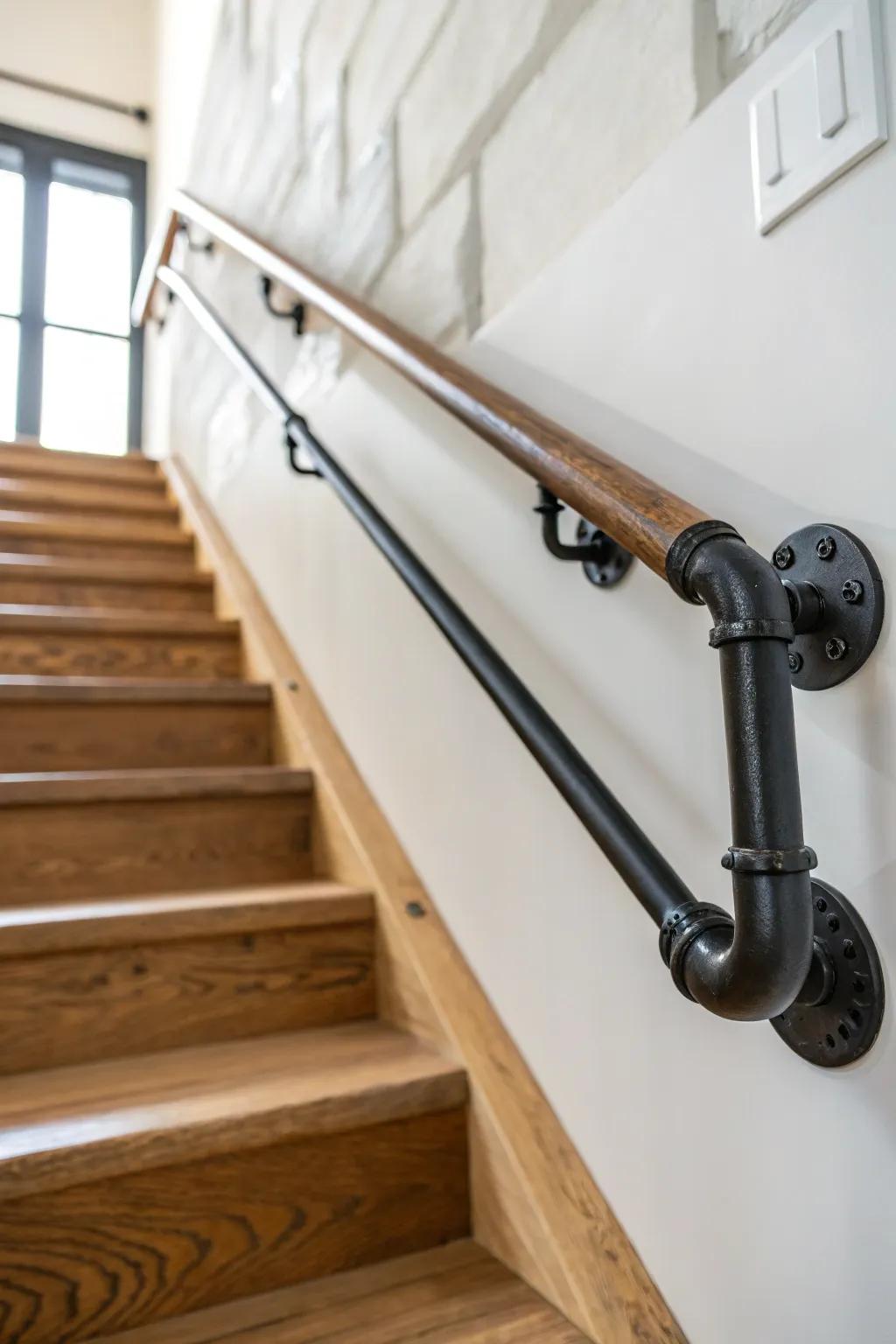 Matte black pipe handrail with gentle return—industrial edge meets warm reclaimed wood.