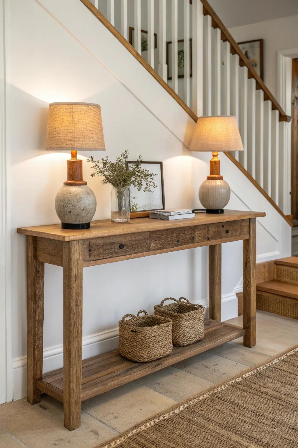 A slim reclaimed-wood console with twin lamps turns your stair landing into a cozy room.