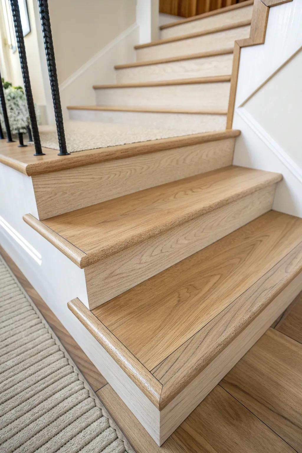 Mitered stair-nose return: the tiny wrap that makes an open tread look truly finished.