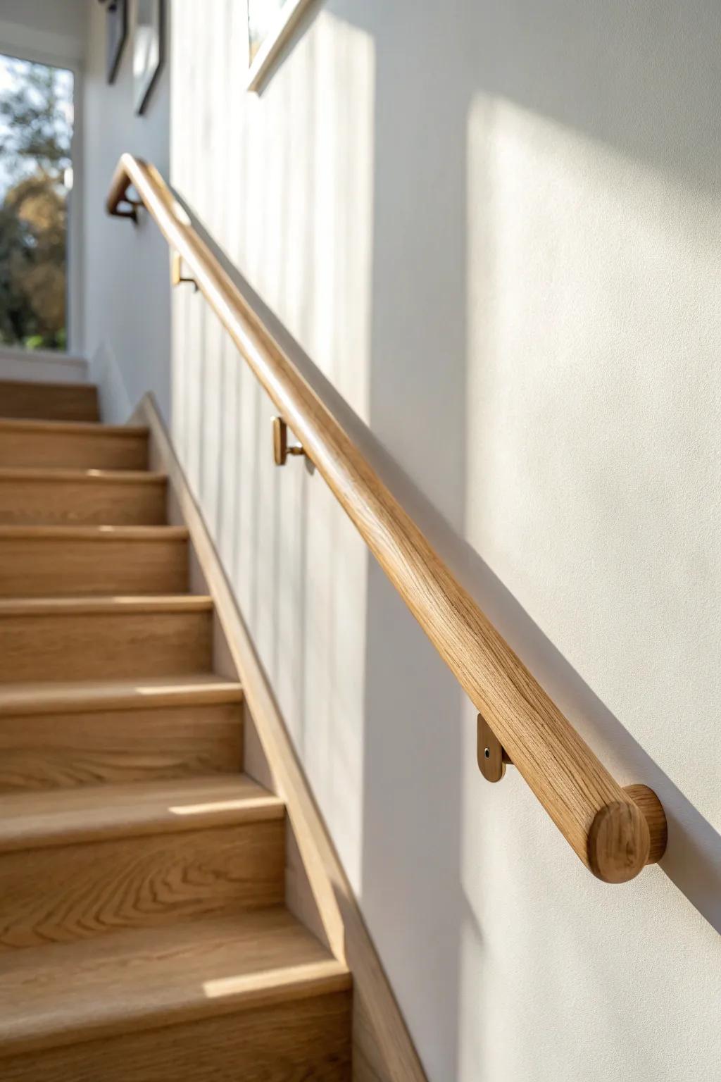 Minimal wall-mounted oak handrail—streamlined, space-saving, and beautifully crafted.