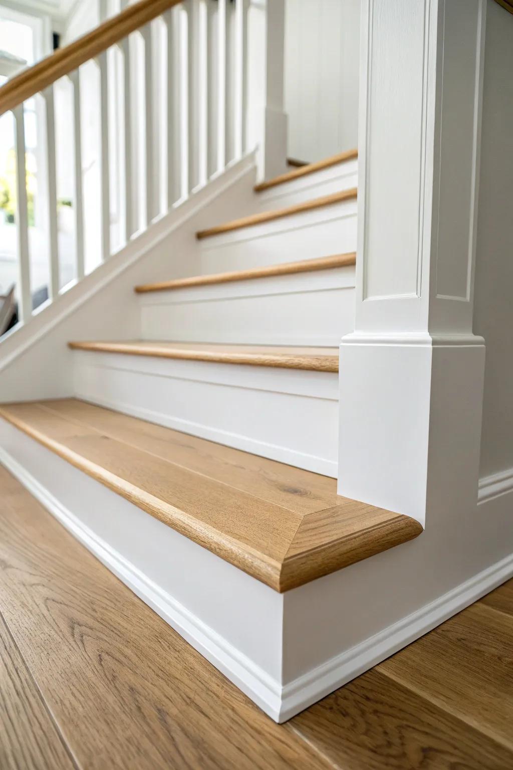 Plain skirt board? Add slim edge trim for crisp white-on-white lines and a subtle shadow reveal.