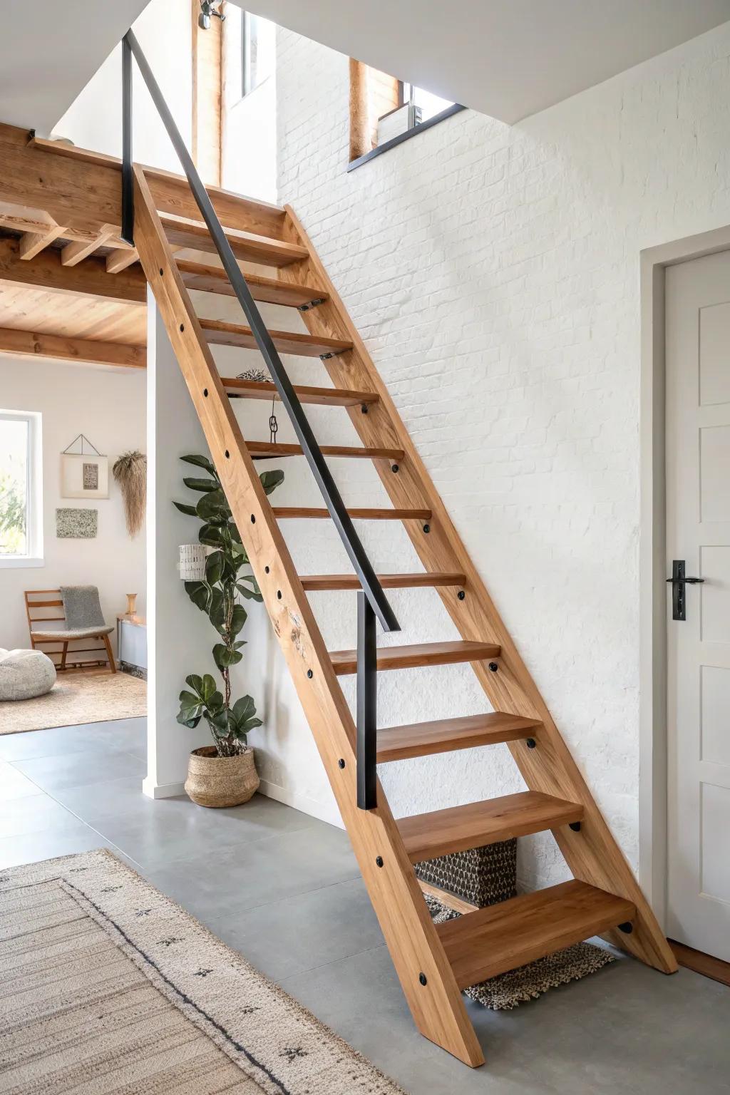 Warm oak ship-ladder loft stairs with a bold matte-black handrail—compact, chic, secure.
