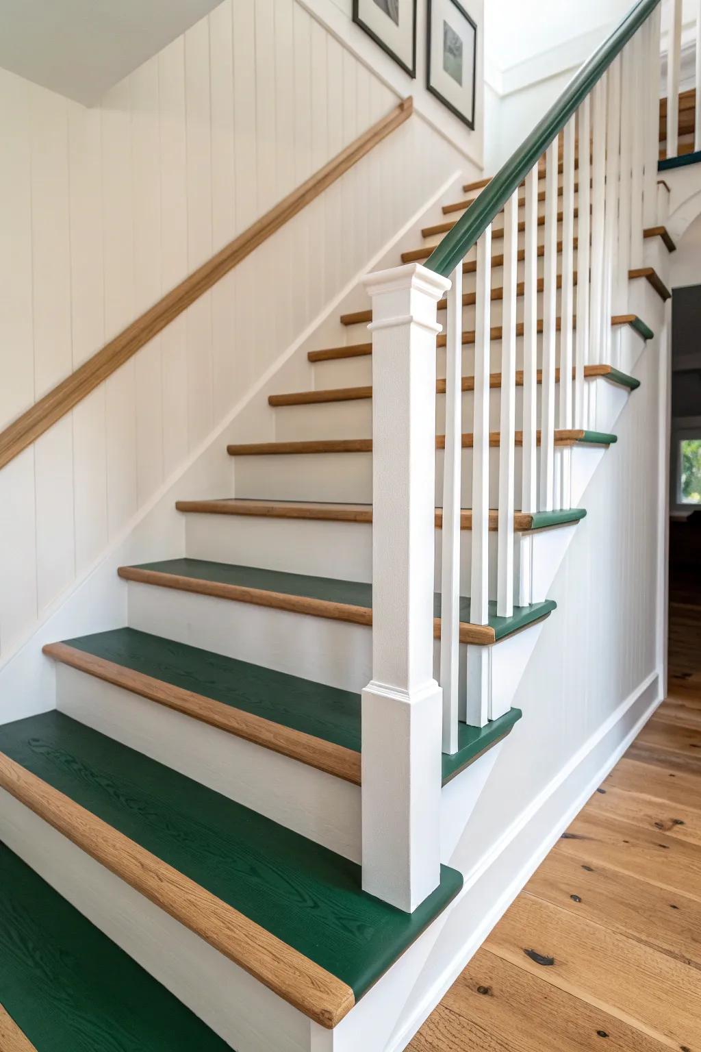 Neutral oak treads + moody green risers—an instant color-pop upgrade for minimalist stairs.