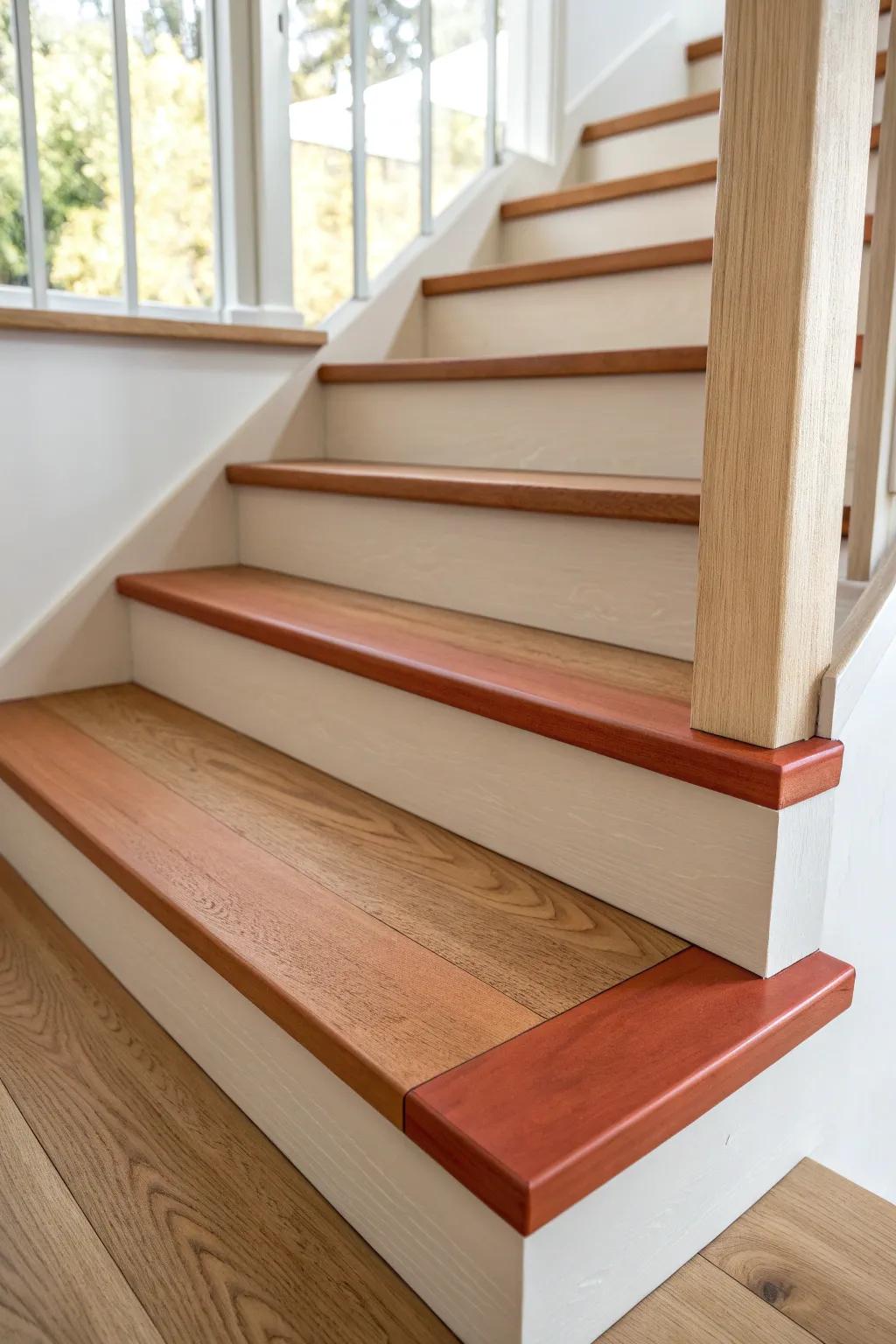 Bare wood center, bold painted edges—an easy way to give old stairs a crisp, modern frame.