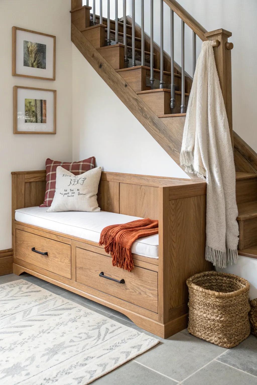 A cozy under-stair reading bench with hidden drawers—minimal, warm wood, and high contrast.