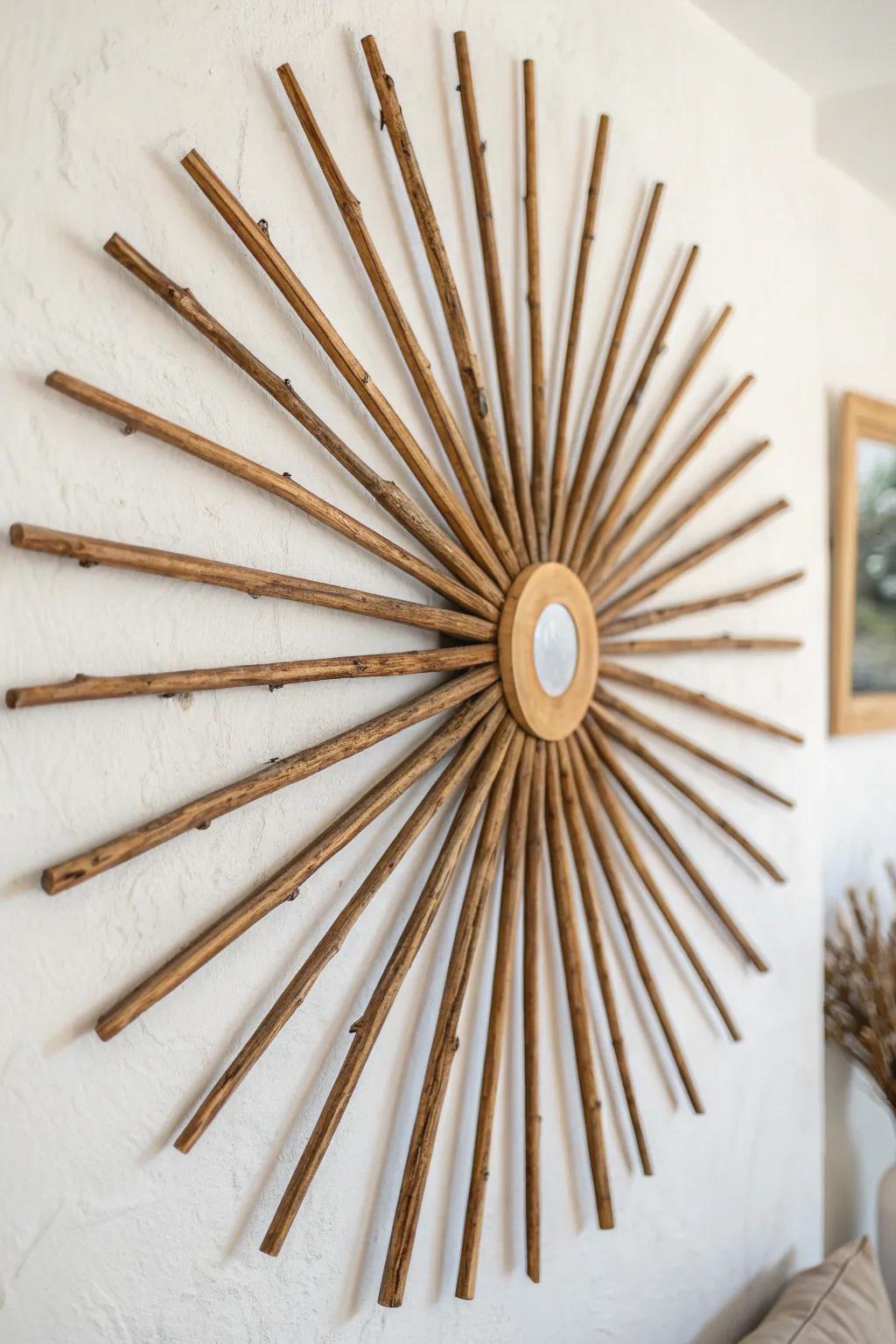 Minimal stick starburst wall art—natural twigs with stained accents for bold, crafted contrast.