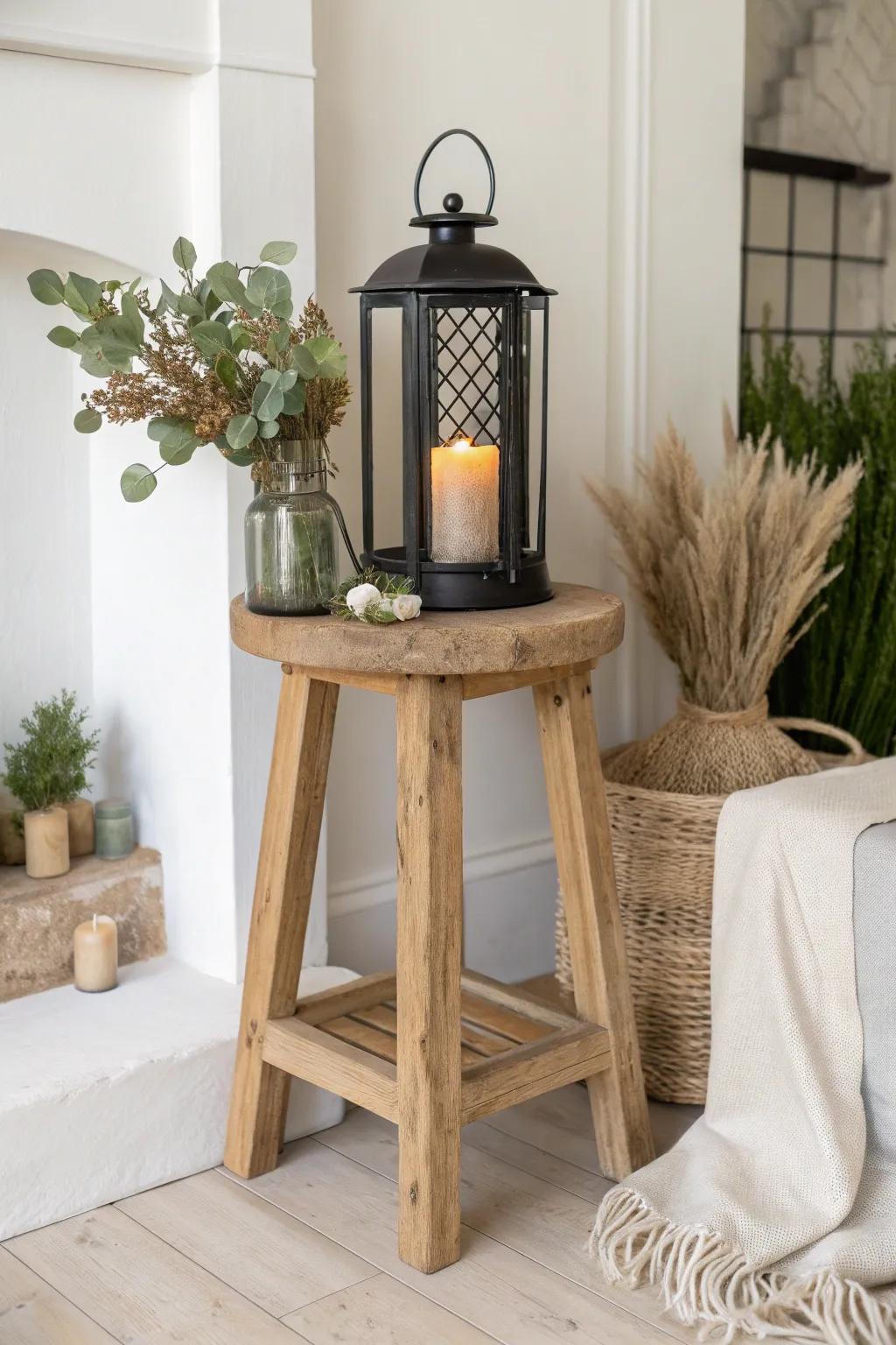 Cozy lantern corner: a wooden stool elevates candlelight with airy greenery and calm contrast.