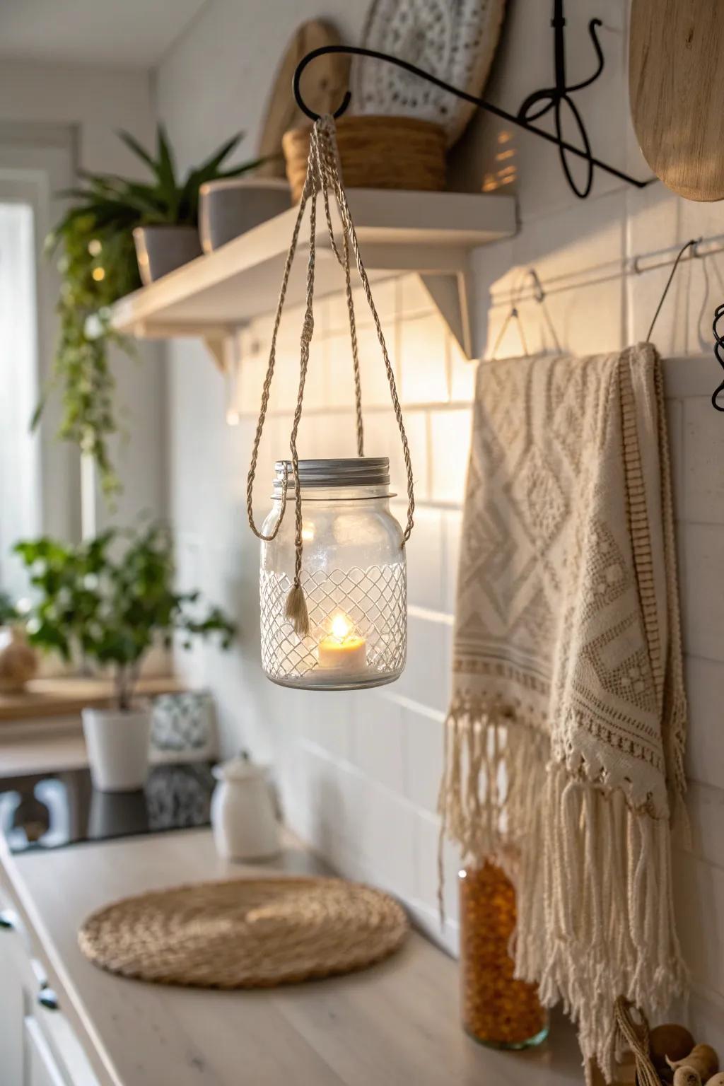 Elevate your storage game with this chic and space-saving suspended mason jar idea.