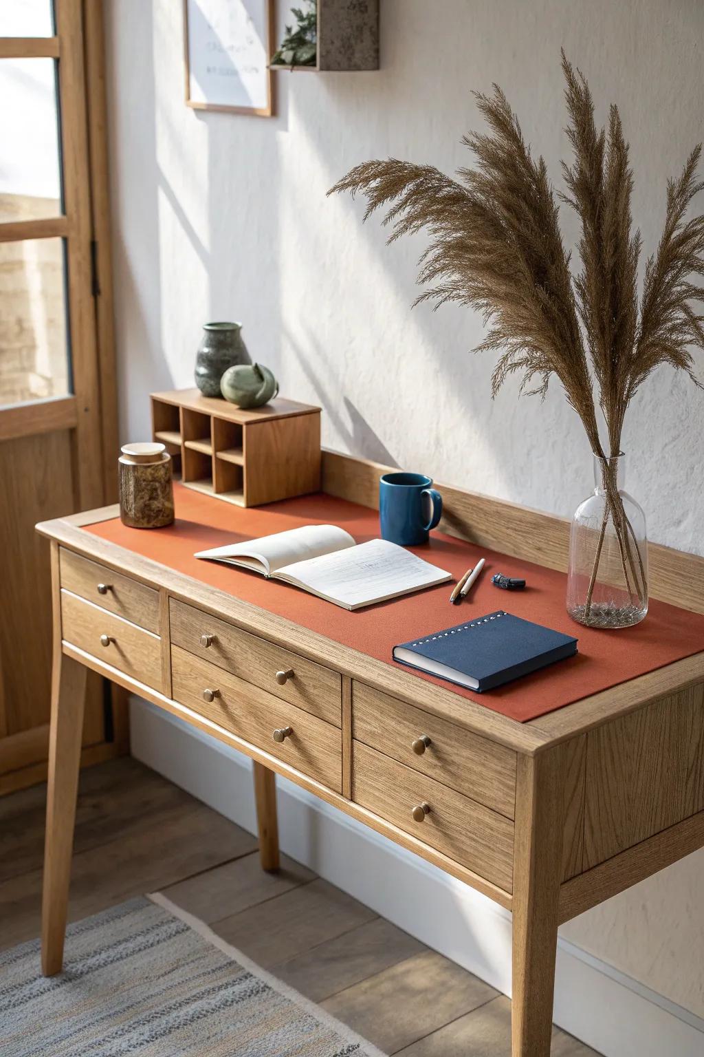 Light oak study desk with a drawer bank—labeled storage that keeps every project in place.
