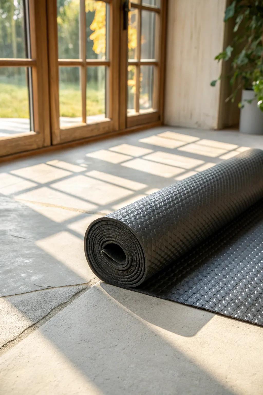 Dimpled underlayment over concrete makes a sunroom floor feel warmer and nicer barefoot.