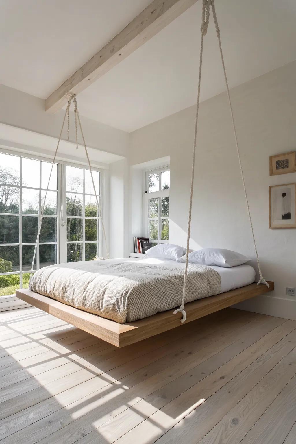 A floating-look suspended oak platform bed—ultra thin, quiet hardware, and shadow-driven drama.