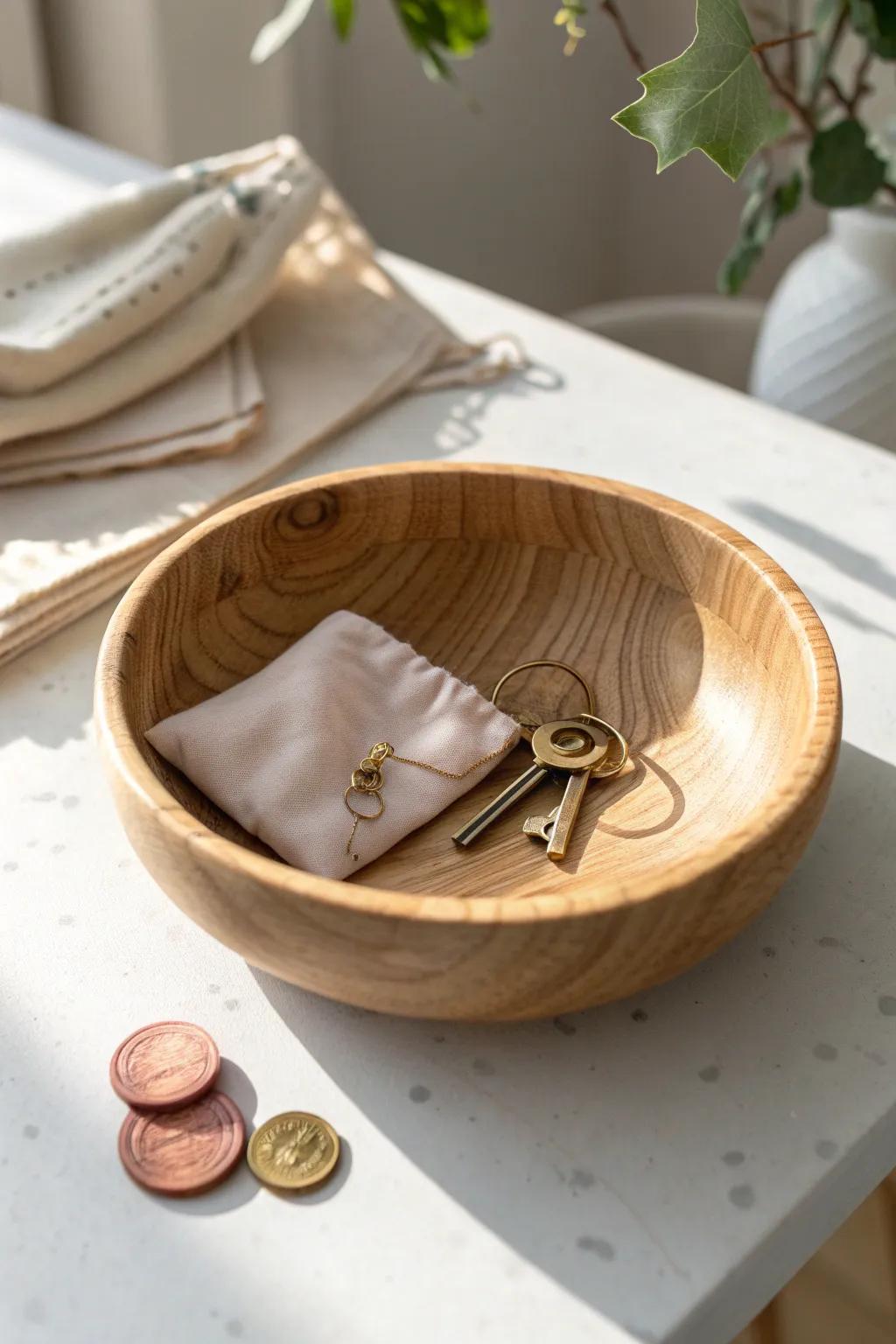 A low wooden bowl catch-all keeps your tabletop tidy—minimal, warm, and inviting.