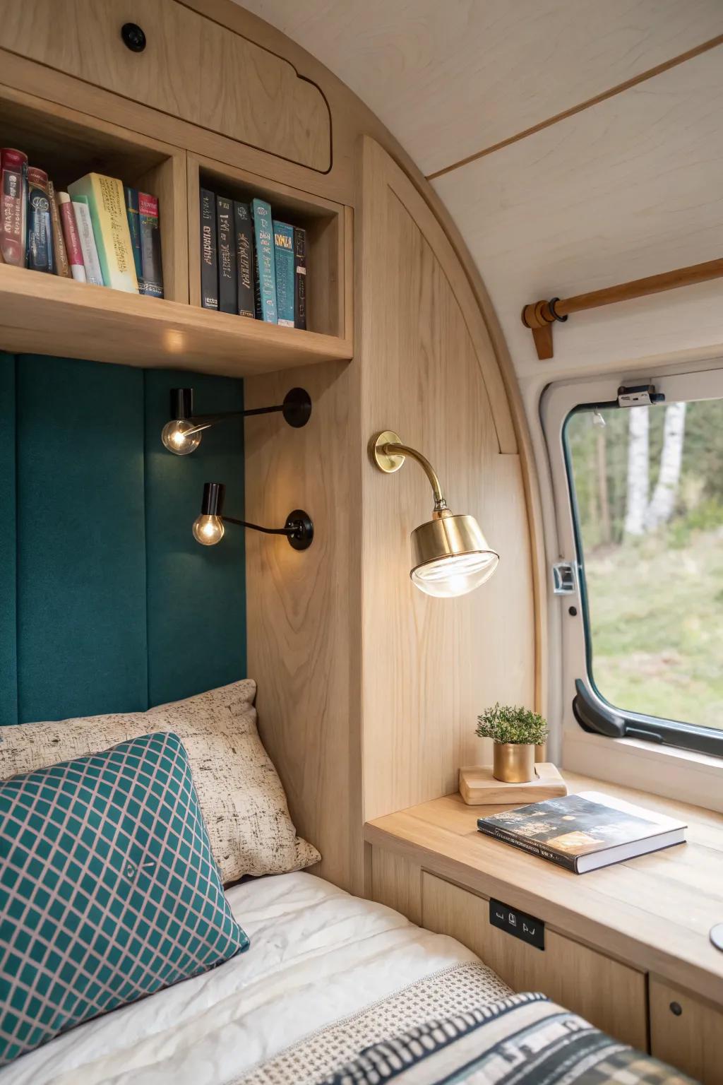 Built-in reading light nook: warm glow under cabinets for peaceful teardrop camper nights.