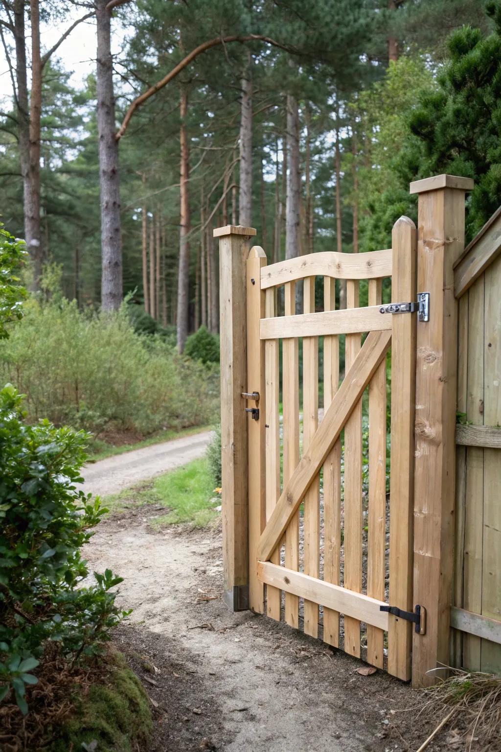 A handcrafted wooden gate that funnels every step—minimal, bold, and forest-perfect.