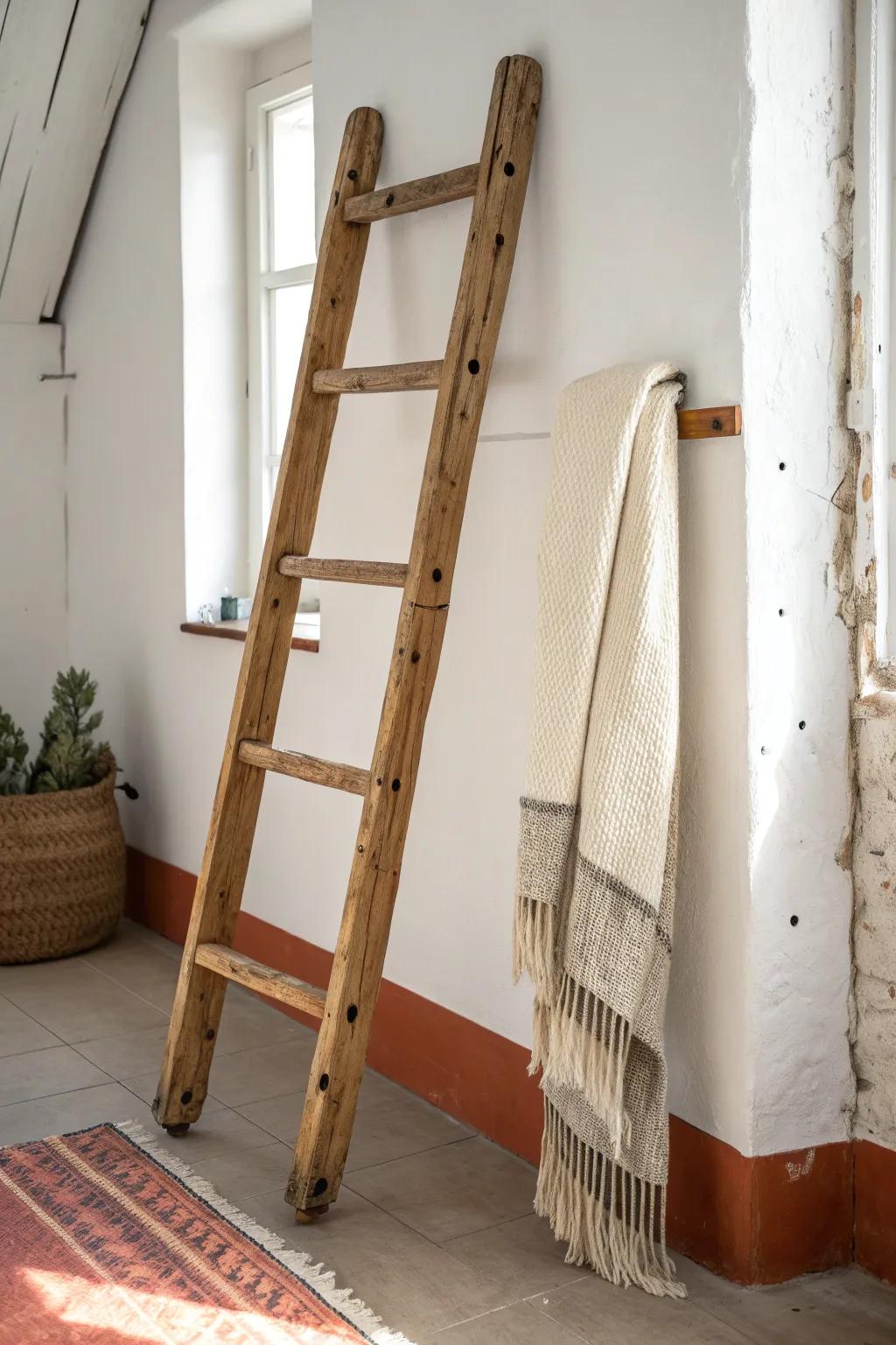Rustic reclaimed-wood blanket ladder—minimal, boho-soft, and beautifully weathered.