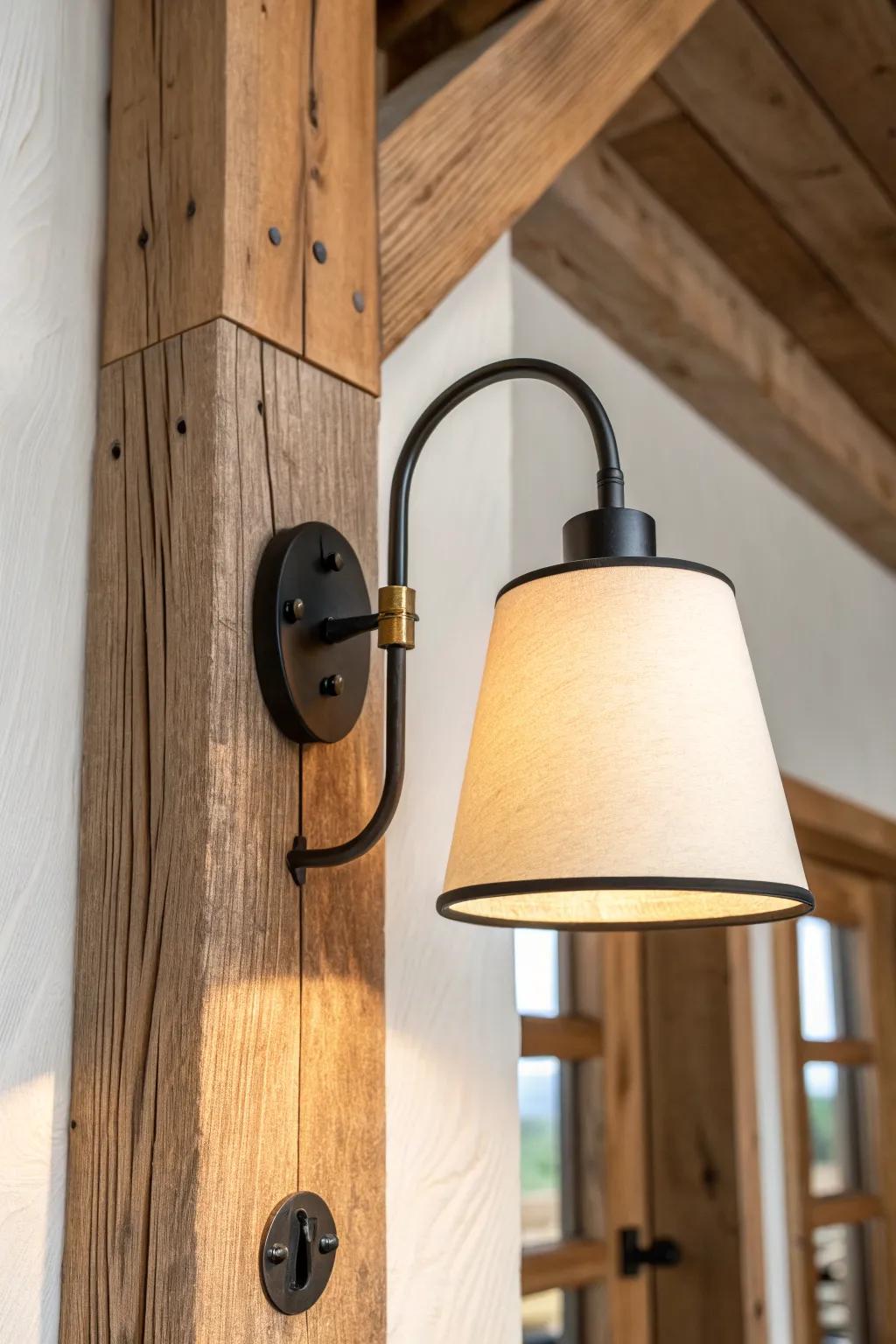 Cozy timber-frame glow: a wall sconce on the post brings warm light down to eye level.